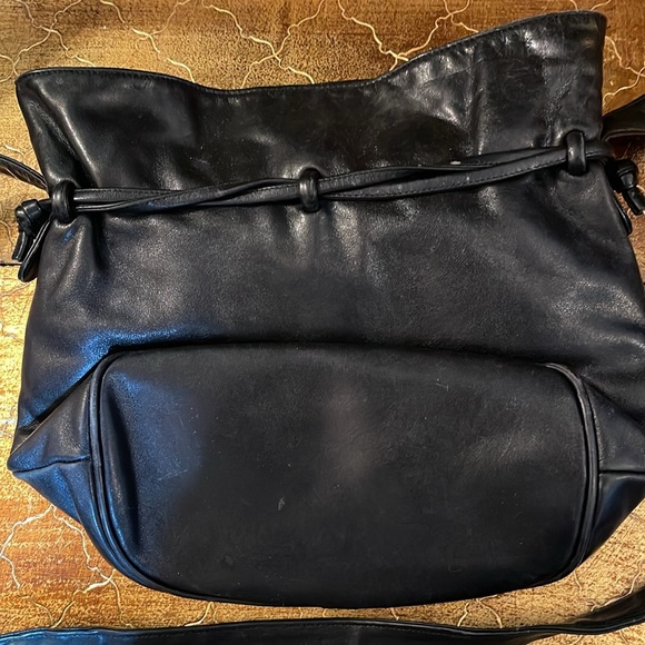 HOLT RENFREW black leather drawstring bag with long adjustable handles vintage - Picture 7 of 7